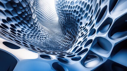 Abstract digital structure forms a complex organic pattern with undulating surfaces and varying cellular geometry in shades of blue and white, representing connectivity and advanced technology