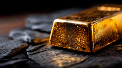 Closeup of gold bar resting on textured dark surface highlighting shiny and luxurious appearance, ideal for finance investment and precious metals themes, bullion detail, with copy space