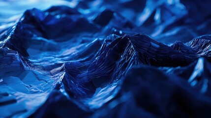 Jagged polygonal shapes forming an intricate, undulating blue surface, reflecting light and shadow, representing data, technology, or a futuristic abstract background