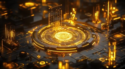 Abstract technology background showing a central processor handling complex digital data flow, illuminated with golden light, representing advanced computing and connectivity
