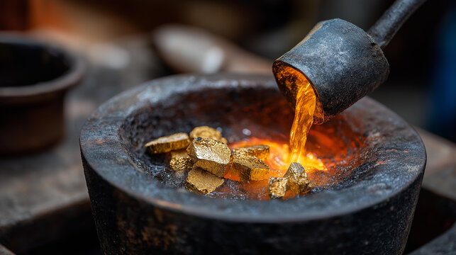 Melting gold pieces on stove, precious metal liquefaction, metalworking heating process, gold refining procedure, jewelry crafting technique, with copy space