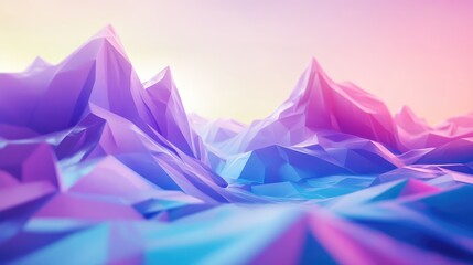 Abstract low poly terrain displays a vibrant, colorful geometric landscape with sharp peaks and undulating surfaces, creating a modern digital art background