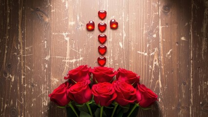 A spiritual arrangement of red roses and a cross made of hearts on a rustic wooden background