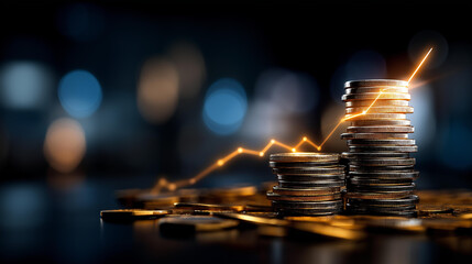 Economic trends illuminated gold coins showcase wealth growth, financial prosperity visualization, monetary value increase, investment appreciation display, capital accumulation representation,