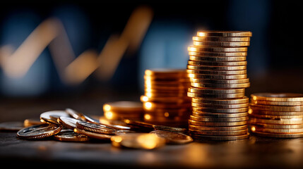 Economic trends illuminated gold coins showcase wealth growth, financial prosperity visualization, monetary value increase, investment appreciation display, capital accumulation representation,