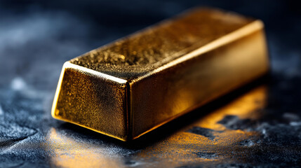 Closeup of gold bar resting on textured dark surface highlighting shiny and luxurious appearance, ideal for finance investment and precious metals themes, bullion detail, with copy space