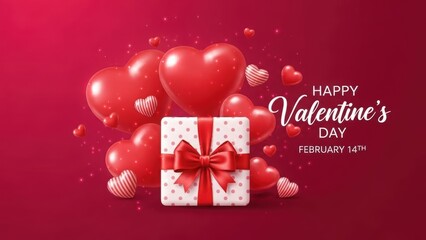 Happy valentine's day gift box surrounded by red hearts and festive decorations