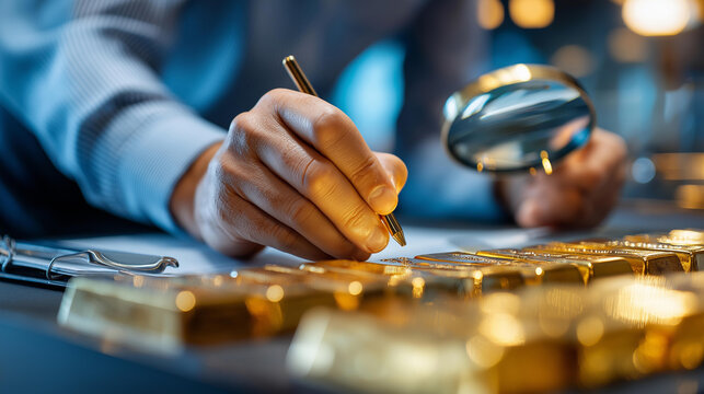 Precious metal evaluation, faceless person expertly assessing rows of gold bars for investment quality, bullion inspection, financial asset verification, defocused evaluator, with copy space