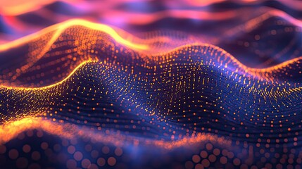 Abstract digital landscape showing many orange particles forming undulating wave patterns over a blue purple background, representing data flow, technology, and connectivity concepts