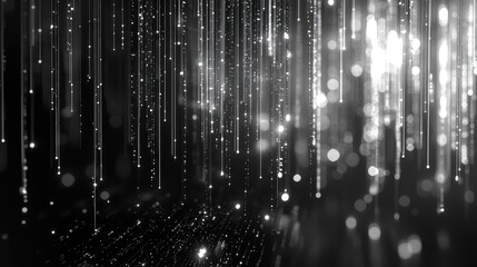 Glowing particles on abstract backdrop creating a futuristic data flow stream, symbolizing technology, digital communication, and connectivity in a dark monochromatic environment