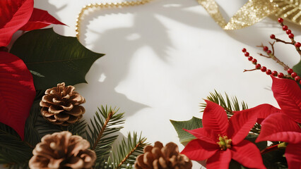 Christmas, holiday, decorations, poinsettia, pinecone, holly, festive, seasonal