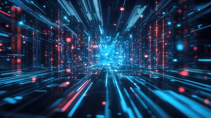 Digital data flowing through a futuristic tunnel, creating an abstract representation of big data and internet communication connecting information around the world