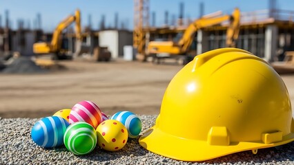 Yellow construction helmet beside colorful Easter eggs on site  