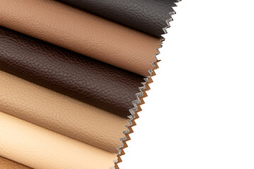 Palette of multi-colored pieces of genuine leather on a white background. Accessories for sewing. Leather material