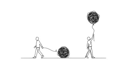 Two men walking: one drags a messy, tangled ball of line, while the other holds a similar tangle aloft like a balloon, illustrating different burdens or perspectives.