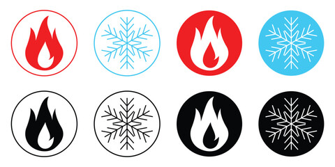Fire and cold icon set. Heat and freeze concept vector illustration website graphic design. Fire and snowflake sign warm temperature symbol design. Heating and cooling button icons.