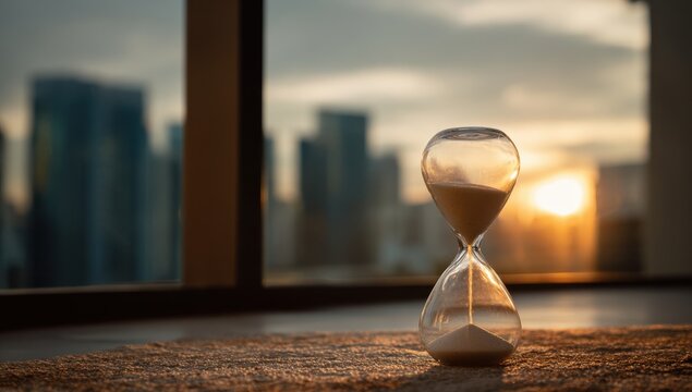 Time's Passing: An hourglass stands on a carpet, sand flowing downwards, against a backdrop of a cityscape, symbolizing the passage of time. - Powered by Adobe