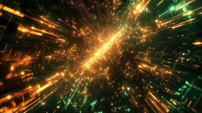 Abstract tunnel representing high speed data transfer, network communication, and digital technology connecting global information systems with glowing light trails - Powered by Adobe