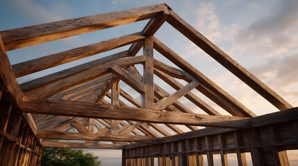 Obraz premium Exposed wooden roof trusses of a rustic building under construction at sunrise