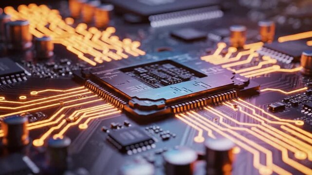 Closeup of a computer microchip on a circuit board with glowing orange lines