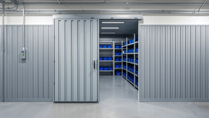 Obraz premium Modern warehouse interior with sliding door revealing shelves filled with blue storage bins