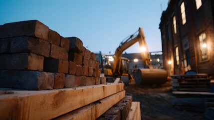 Obraz premium Construction site with excavator and materials at twilight