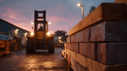 Forklift operates in industrial yard at dusk with stacked materials in foreground