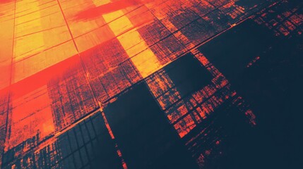 Abstract grid pattern showing rich contrasting dark blue, orange, and red colors with a distressed texture, creating a modern and dynamic graphic background