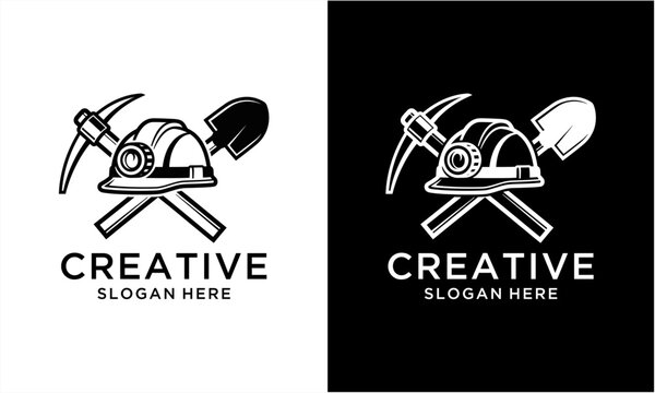 Vintage Miner Helmet with Crossed Pickaxe and Shovel Emblem Illustration.