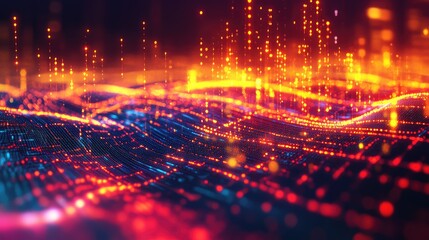 Digital wave surface representing big data transmission network or computer processing information, showcasing technology, connectivity, and abstract data flow