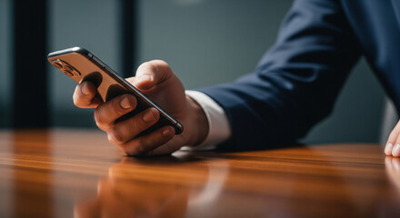 Hand Holding a Smartphone: A close-up shot of a well-dressed individual gripping a sleek smartphone, suggesting focused engagement with communication and technology.