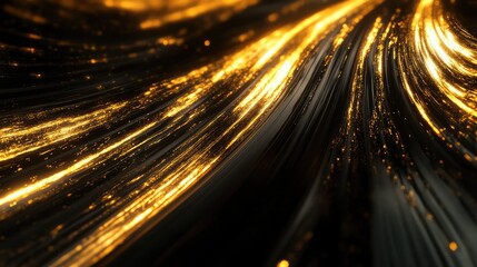 Abstract digital stream of golden sparkling particles moving along dark, curved lines, creating a dynamic, luxurious light flow representing technology, energy, and connection