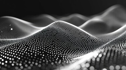 Particle surface creating a dynamic oscillating wave pattern, visualizing big data, artificial intelligence, neural networks, or scientific research concepts