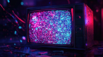 Retro television displaying a mesmerizing glitch screen with vibrant pink and blue digital noise, creating a modern cyberpunk aesthetic against a dark, dynamic background