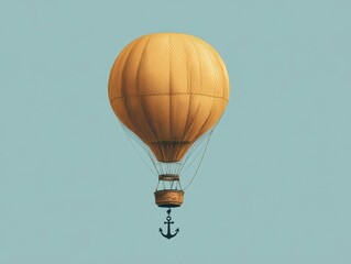 A vintage-style hot air balloon, rendered with a muted orange hue, ascends against a pale blue sky. An anchor hangs below