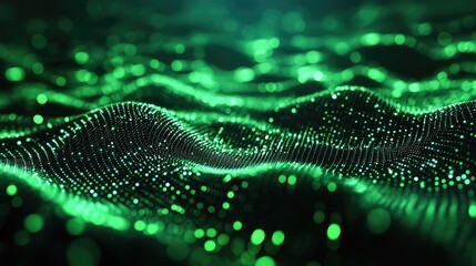 Green luminous particles form an abstract undulating wave pattern, representing data streaming, electronic network connections, and futuristic technology concepts in a vibrant digital environment