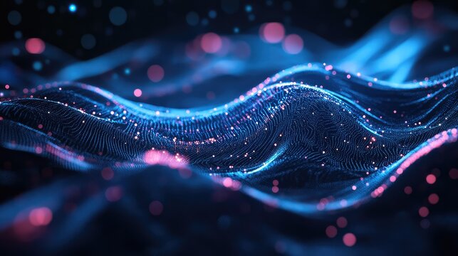 Digital data waves moving gracefully with glowing particles, representing a modern concept of global network connection, big data processing, and advanced technology - Powered by Adobe