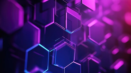 Hexagonal grid pattern creating an abstract technology background with glowing purple and blue neon lights, symbolizing future data networks, digital connectivity, and modern innovation