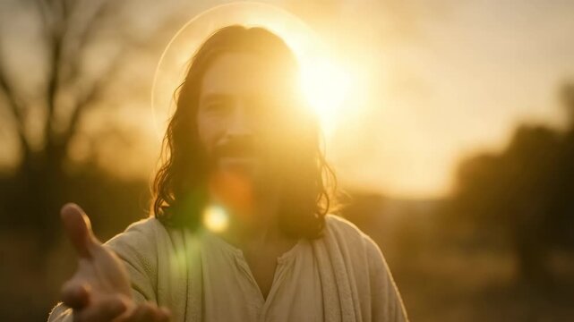 Jesus Christ extends his hand in a welcoming gesture. A portrait of the savior offering help and salvation at sunset with a divine halo. Faith and Christianity concept
