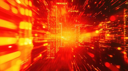 Abstract digital cityscape illustrating concepts of big data processing, flowing information, and futuristic computer network connectivity in a vibrant red and orange cyberspace environment