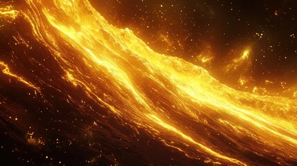 Abstract background showing bright glowing orange and yellow energy waves moving powerfully through a dark space. Highlighted by numerous sparkling particles. Depicting dynamic motion and intense heat