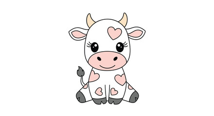 Obraz premium Charming cartoon cow sits with heart shapes on its body and a friendly smile in a pastel farm illustration ideal for children's books and home decor.