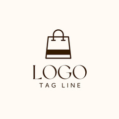 Beige minimalist illustration of a shopping bag logo, women bag storehouse logo 