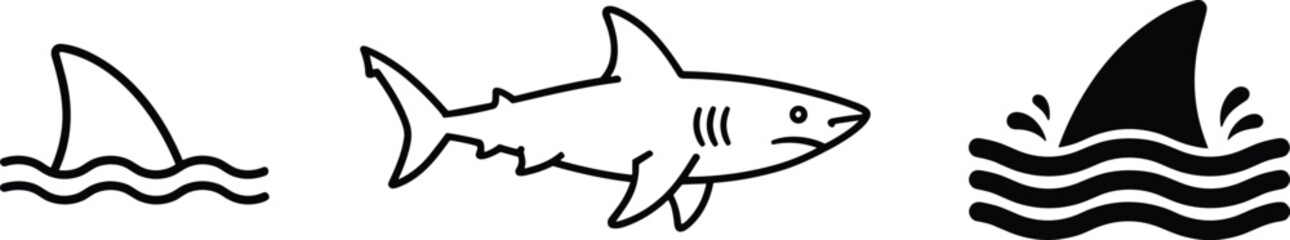Vector illustration set featuring three shark designs: a simple full body outline, a dorsal fin silhouette in waves, and a line-art fin cutting through the water,