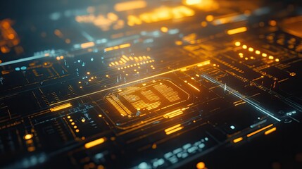 Digital data streams and glowing lines representing information transfer and network connections on an abstract circuit board, visualizing advanced technology and computing concepts