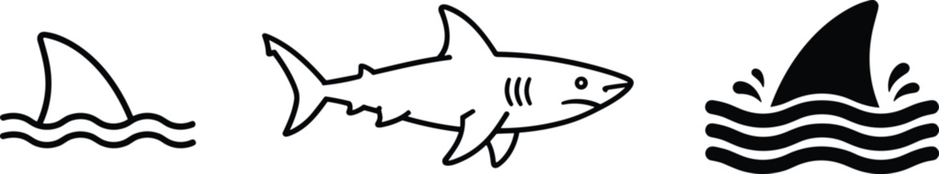 Vector illustration set featuring three shark designs: a simple full body outline, a dorsal fin silhouette in waves, and a line-art fin cutting through the water,