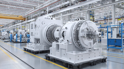 Massive machinery arranged in an industrial setting, showcasing advanced engineering and manufacturing processes. The scene depicts complex equipment.