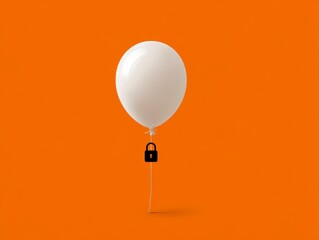 A white balloon tethered by a string to a closed padlock against a vibrant orange backdrop, representing security concepts