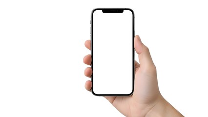Hand holding modern smartphone with blank white screen mockup on isolated background