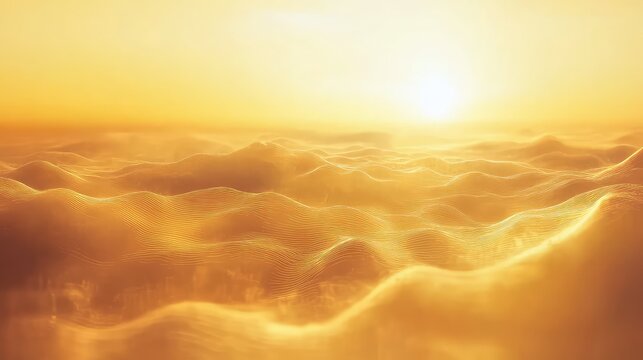 Abstract digital landscape featuring glowing golden waves and undulating lines extending towards a bright horizon, representing data flow, energy, or network connections - Powered by Adobe